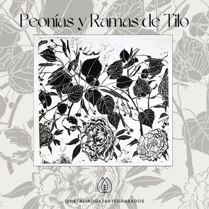 Peonías y ramas de Tilo